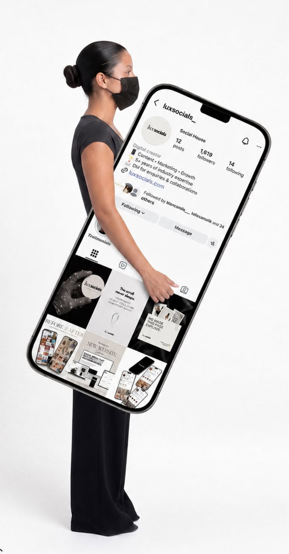 Lux Socials Instagram profile displayed on a phone